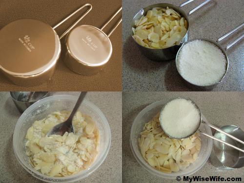 From top left (going clock-wise): Measuring cups, Filled cups, Poured almond, Mixed almond and caramel From top left (going clock-wise): Measuring cups, Filled cups, Poured almond, Mixed almond and caramel