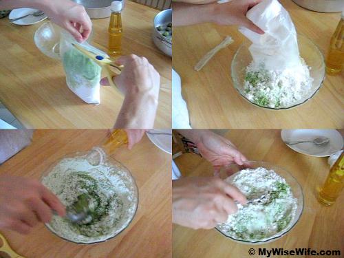From top left (clockwise) - 1.Cut the bag of pre-mixed flour, 2.Pour into bowl, 3.Mix well the flour, 4.Pour in groundnut oil 