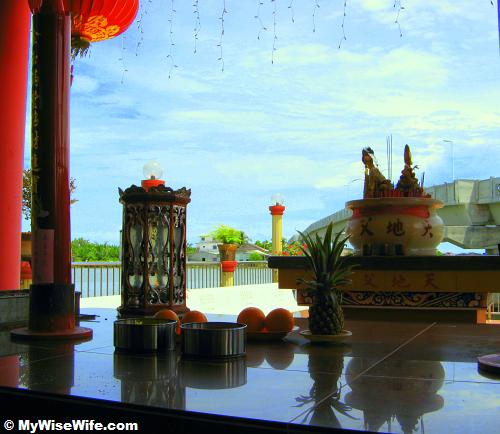 A wonderful view of an altar and a pedestrian bridge