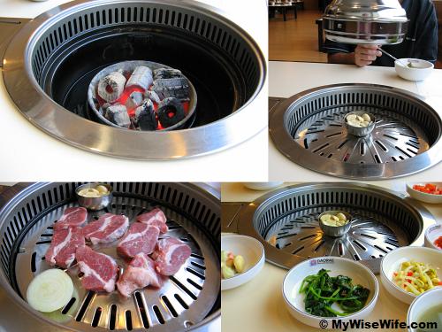 From top left (clock-wise): Smokeless charcaol, Grilling Garlic, Surrounded by Side Dishes, Marinated Pork From top left (clock-wise): Smokeless charcaol, Grilling Garlic, Surrounded by Side Dishes, Marinated Pork