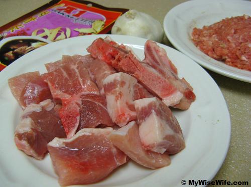Ingredients - pork and A1 Bak Kut Teh spice Ingredients - pork and A1 Bak Kut Teh spice