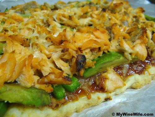 Home cooked salmon and avacodo pizza