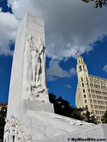 Left: Alamo Cenotaph - empty tomb for the Alamo heroes; Right: Emily Morgan Hotel Left: Alamo Cenotaph - empty tomb for the Alamo heroes; Right: Emily Morgan Hotel
