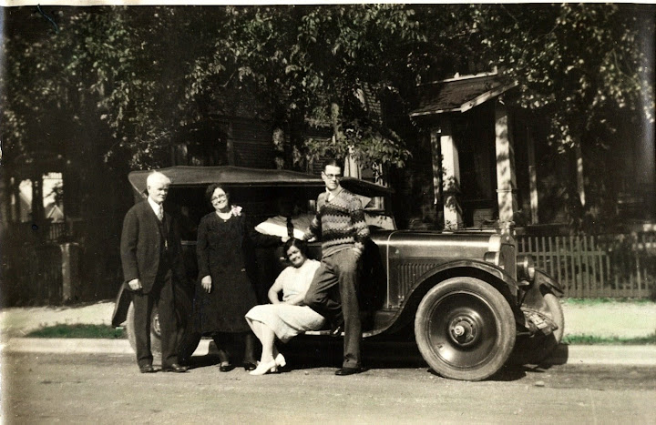 I think this photo was taken in the late 1920s. From left to right: William, Frances, Maude, and my grandfather, Frank. I think the guy in the car is Maudes husband, Will Totten.