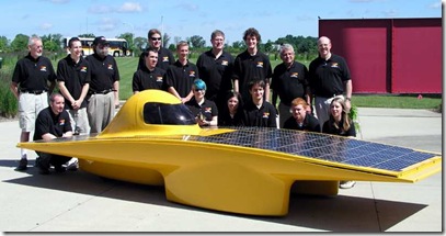 The 2010 Sunseeker Team: front, kneeling, L to R: Jesse Wick, Megan Derwich  with duck mascot Arnsie, Courtney Rawlings,  Mitch Panek, Andrew Oman, and Madeline McAuley. Standing, L to R: Abe Poot, Joshua Allen, John Kapenga, Nicholas Killoran, Byron Izenbaard, Alex Hoeksema, Brad Bazuin, Kenwood Hoben, Fred Sitkins, and Paul Engelmann