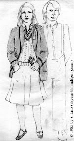 Pencil sketch by Stephanie Linz, dated 1985. It shows a woman with shoulder-length light-colored hair wearing the Fifth Doctor's coat and sweater, but with a skirt instead of pants.