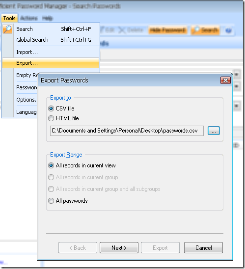 Efficient Password Manager - Export And Import