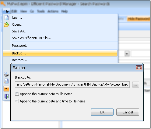Efficient Password Manager - Backup and restore