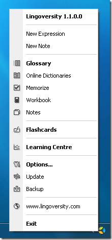 Lingoversity - System tray menu