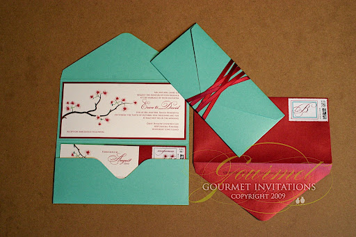teal and red japanese inspired wedding invitations