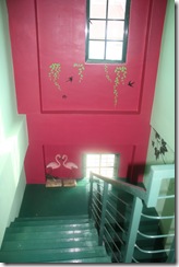 the stairway with some pink flamingoes...