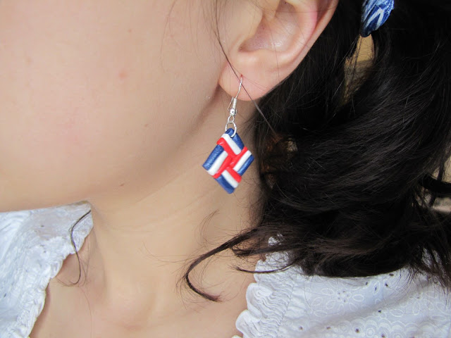 Cercei handmade din Fimo, Rosu, alb, albastru