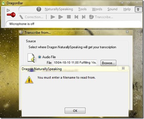 Dragon Naturally Speaking Transcribe Error “You must enter a filename to read from.”