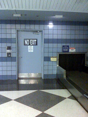 No Exit sign from baggage claim at O'Hare airport.