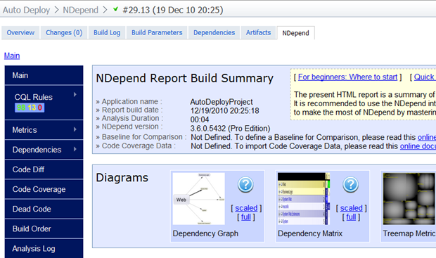 The NDepend report accessible via a tab on the build page