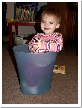 Elaine in the trash can