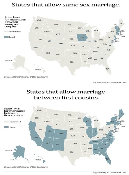 Same Sex Marriage vs First Cousins by State