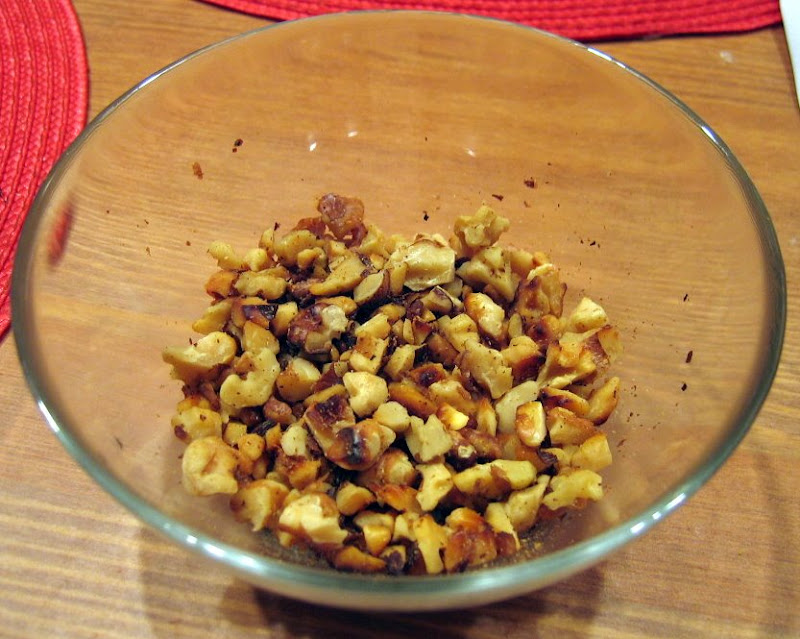 I toasted the walnuts on a dry cast iron skillet for about 5 minutes. Watch them carefully because they can go from perfect to burnt in less than a minute!