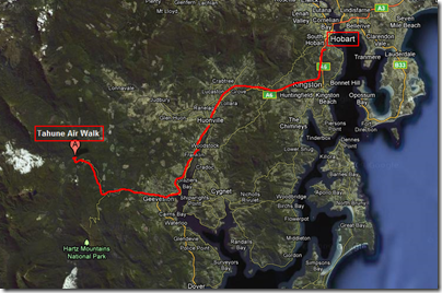 Map from Hobart to Tahune