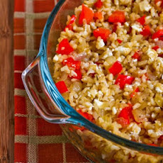 Greek-Inspired Leftover Brown Rice Casserole with Red Pepper, Onions, and Feta