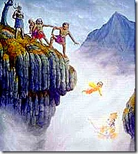 Demons throwing devotee Prahlada off a cliff