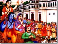 Sita, Rama, and Lakshmana departing for exile
