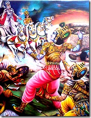 Krishna threatening to attack Bhishma