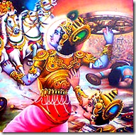 Lord Krishna about to hurl His disc at Bhisma