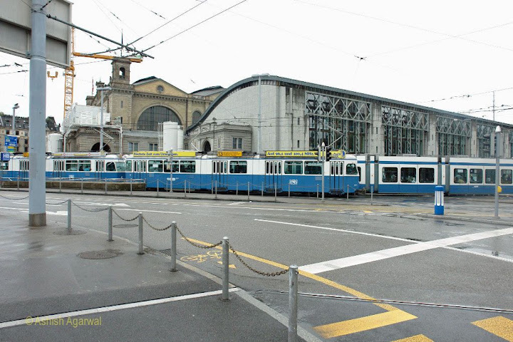 View of one of the train systems running on the street in Zurich