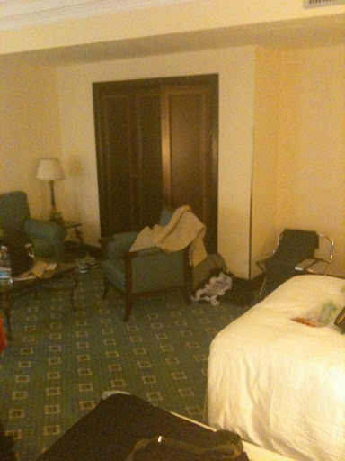 a room with a bed and chair