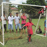 The red team goalie, with a look of determination.  No shots were going to get past him!