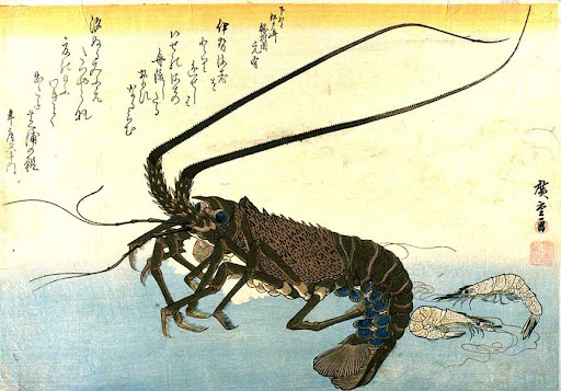 utagawa hiroshige, lobster en 2 garnalen