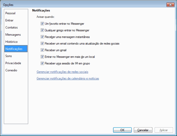 Windows Live Messenger 2011 - Opções, Notificações Windows Live Messenger 2011 - Opções, Notificações