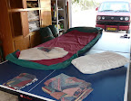 In my garage I prepare the sleeping gear, clean linnen and the bed roll.