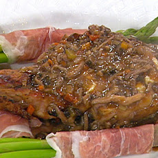 Grilled Veal Chops with Herb Cheese, Wild Mushroom-Tomato Bordelaise and Prosciutto-wrapped Asparagus