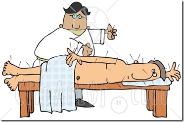 Male Chinese Acupuncturist Doctor Preparing To Insert Another Acupunture Needle Into A Male Caucasian Patient's Back Clipart Illustration