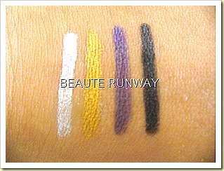 L'Oreal HIP Chrome Eye liners Swatches gold charge, silver lightening Violet volt, black shock