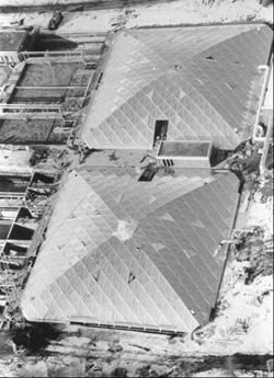 Aerial view of a pair of aluminum space frames covered with mill finish