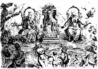 The Devil does an apparition in a black ritual witches' sabbath of his followers. (From an ancient xylography from Pierre de Lancre, France, 1913 )
