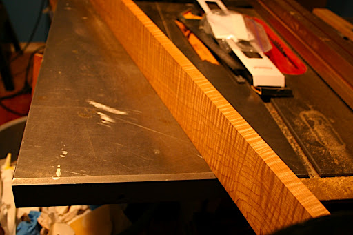 The board is flat-sawn, so we'll be ripping it down into smaller pieces that will be flipped on their edge and laminated together to make a strong and stable neck. The figure goes right through the board, and should be stunning. Roasted maple varies in colour from a golden honey tone all the way to a deep chocolate brown. The colour goes all the way through the wood.