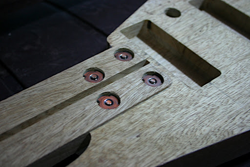 2010.02.06 Update: The holes and recesses for the T-nuts and connector bolts have been done, and the neck and body have been test-bolted for the first time!