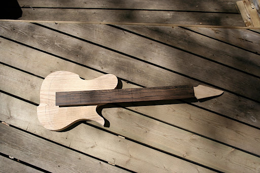 The ziricote fretboard has some beautiful "landscape" figuring in it, including some radiating lines along one edge that make it look like a sun setting behind rolling hills.