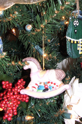 one of mine growing up, a rocking horse, and one of the girls Veggie Tales ornaments