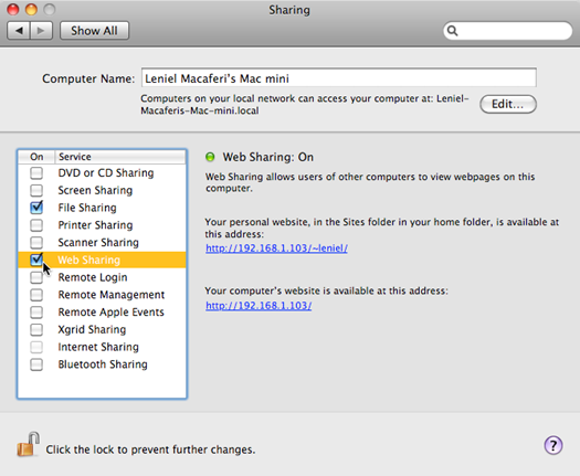 Web Sharing option under the Sharing configuration in System Preferences