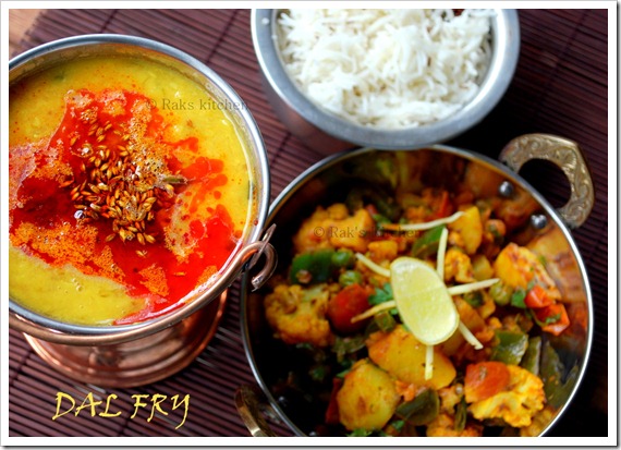 Dal fry with aloo gobi mutter subzi and rice Dal fry with aloo gobi mutter subzi and rice