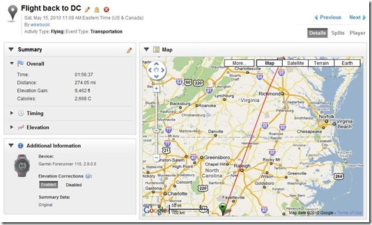 Garmin Forerunner 110 flying route