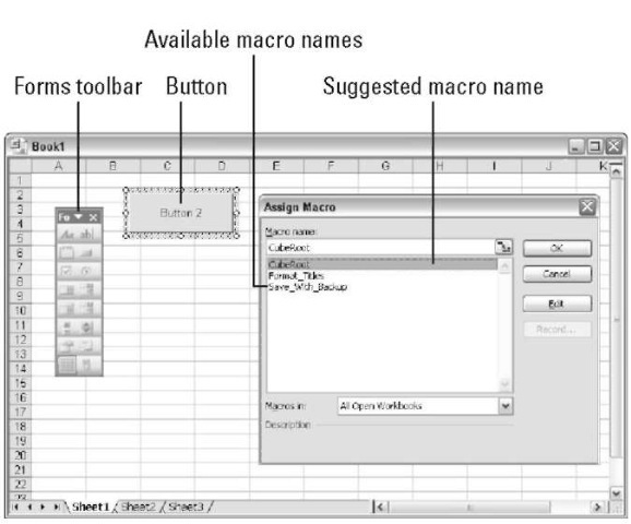 When you add a button to a worksheet, Excel automatically displays the Assign Macro dialog box.