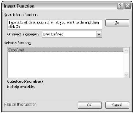 The CubeRoot function appears in the User Defined category of the Insert Function dialog box.