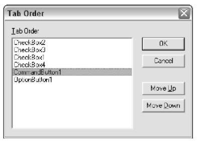 The Tab Order dialog box.
