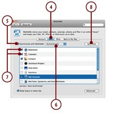 Click the Sync tab.,Check the Synchronize with MobileMe check box.,Click Sync Now. 